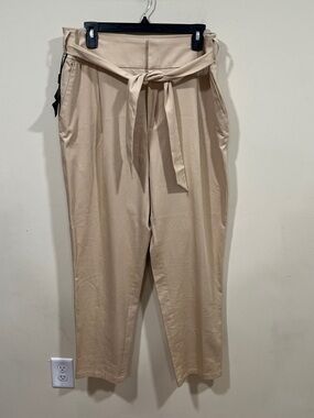 NWT Massimo Dutti Pants Womens 12 Tie Waist Tapered Trouser Tan Cotton Pleated